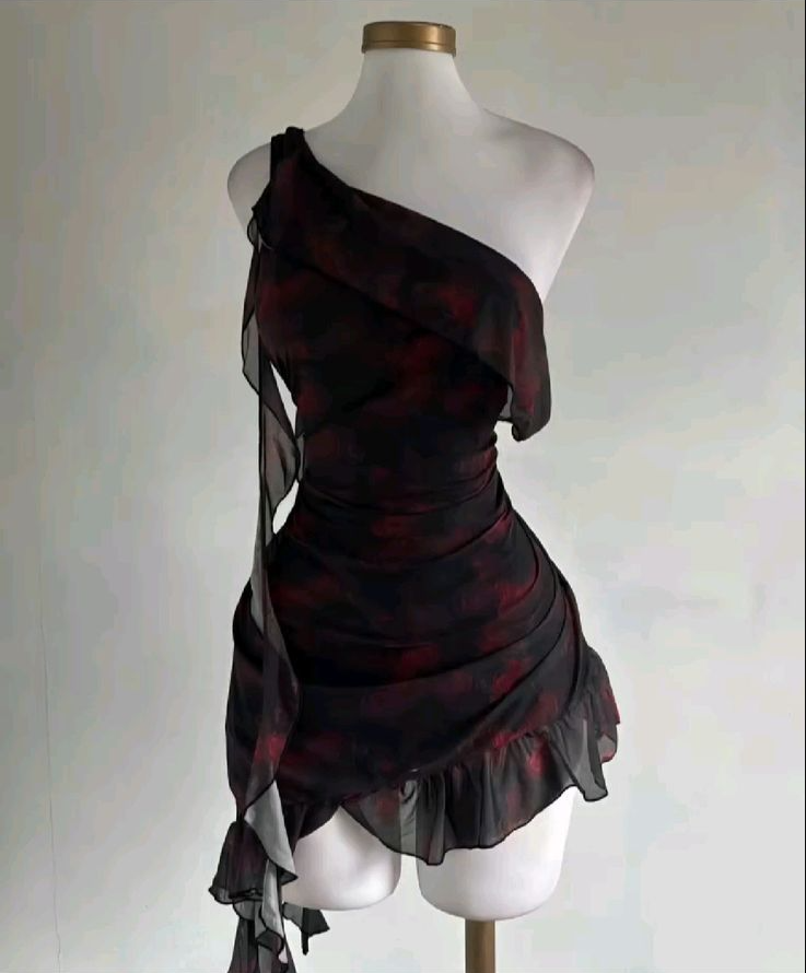 Sexy One Shoulder Chiffon Printed Ruffles Short Homecoming Dress 16th Birthday Outfits S934