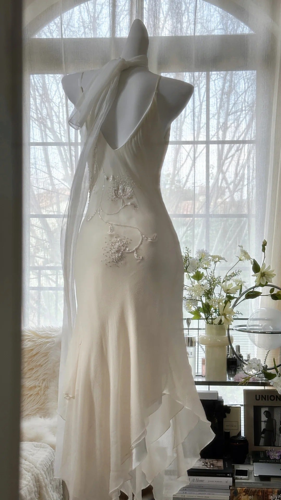 Ivory White Elegant Fashion Exquisite Floral Beading Long Chiffon Ball Gown Evening Dress Party Dress gh4006