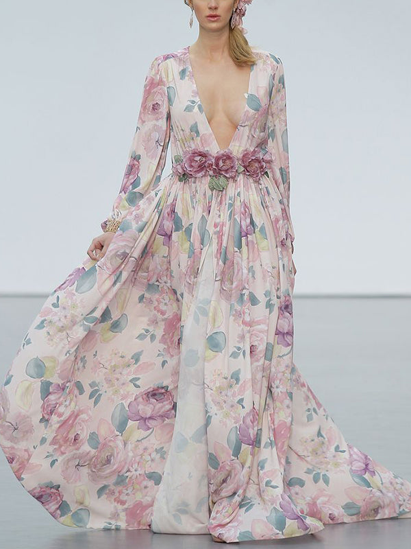 Light Pink V-neck Long Sleeves Print Maxi Dress