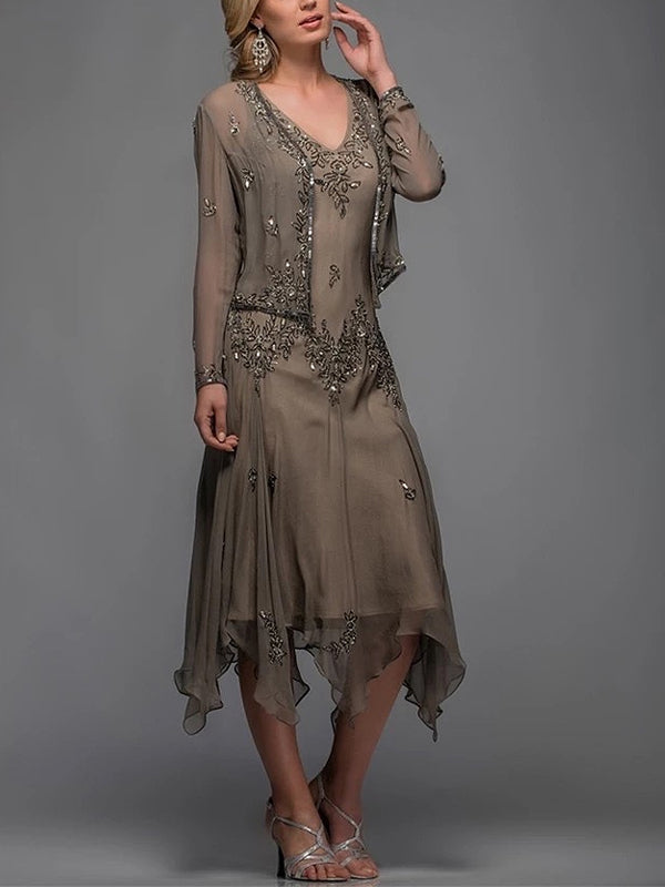 Chiffon V Neck Long Sleeve Top Dress Suit