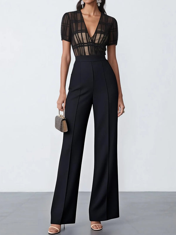 Women Black V Neck Short Sleeve Dressy Jumpsuit