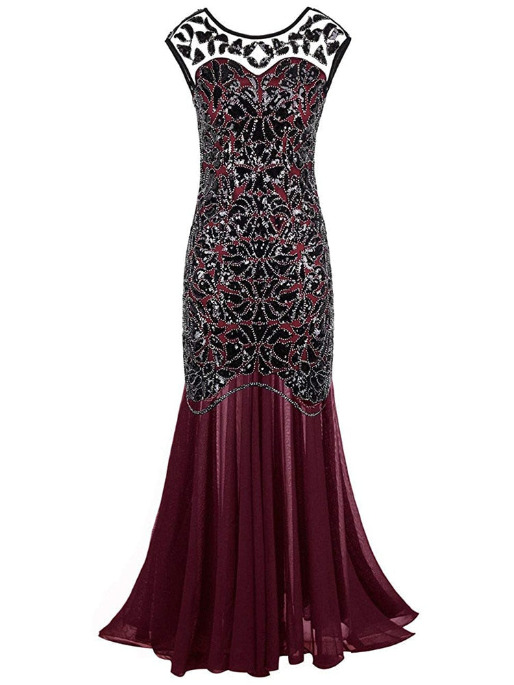 loveedsTM-Vestidos Vintage Mujer Sequins Beading Long Evening Dresses Formal Round Neck Lace Long Sexy Women Party Special Occasion