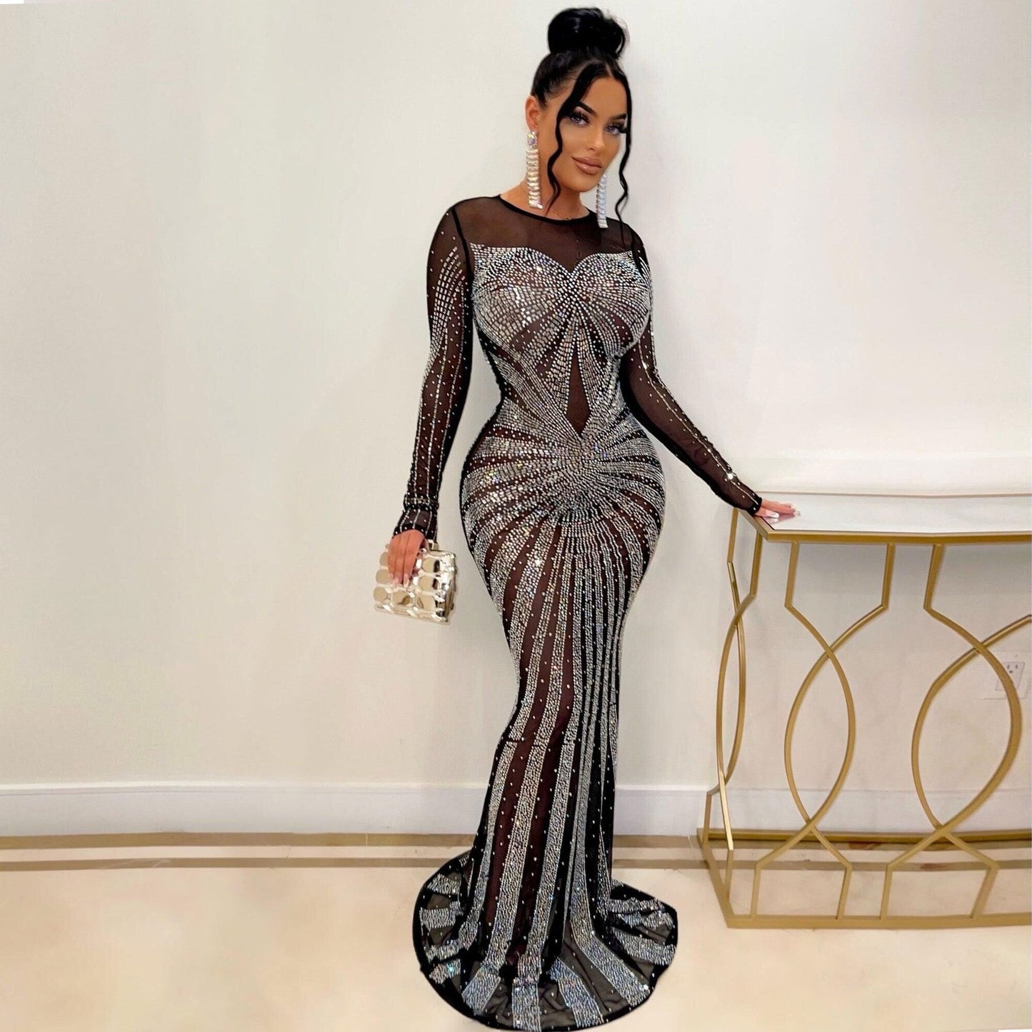 loveedsTM-Sexy Rhinestones Floor-length Evening Dresses Luxury Elegant Women's O-neck Long Sleeve See-through Mesh Night Club Long Dress