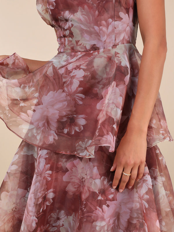 Rust Floral Organza Puff Sleeve Tiered Midi Dress