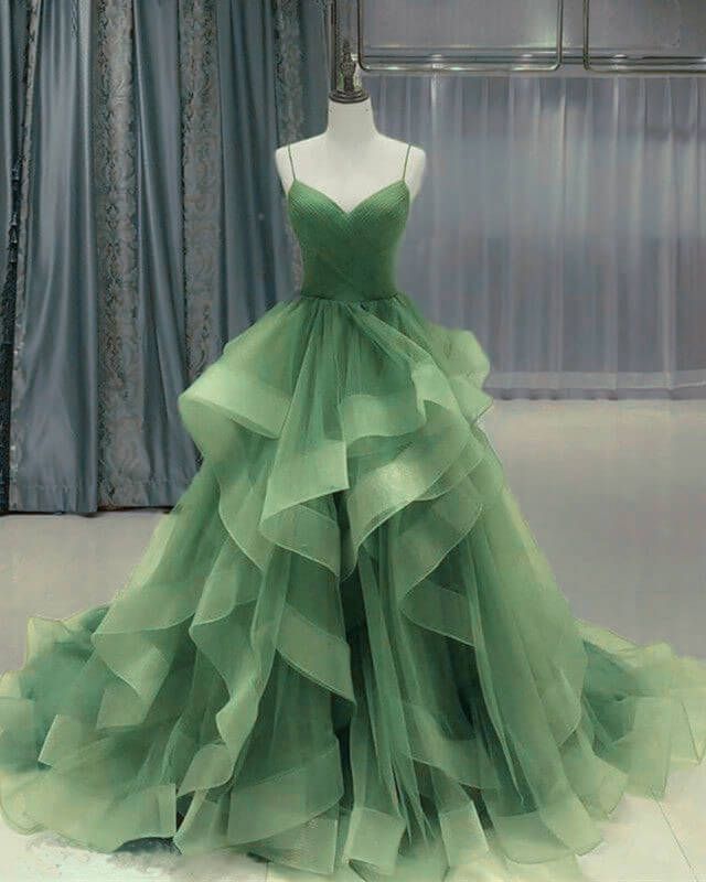 Sage Green Quinceanera Dresses Organza Ruffles With Spaghetti Straps Dress fg4615