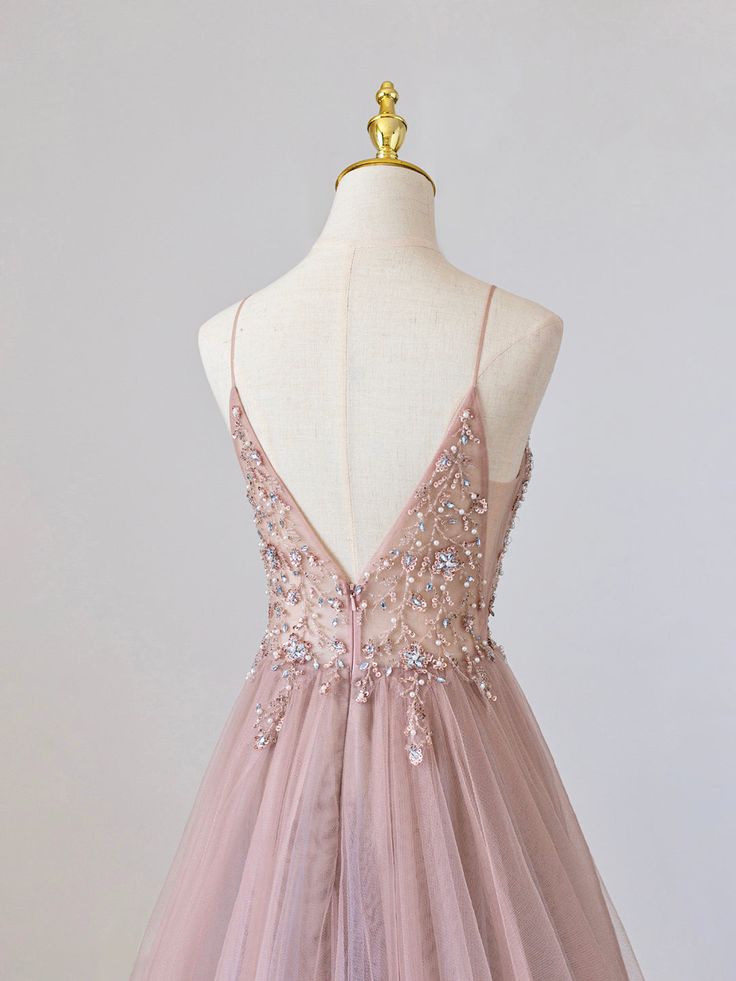 Pink V-Neck Tulle Long Prom Dress with Beaded, Pink Spaghetti Strap Evening Dress fg5180