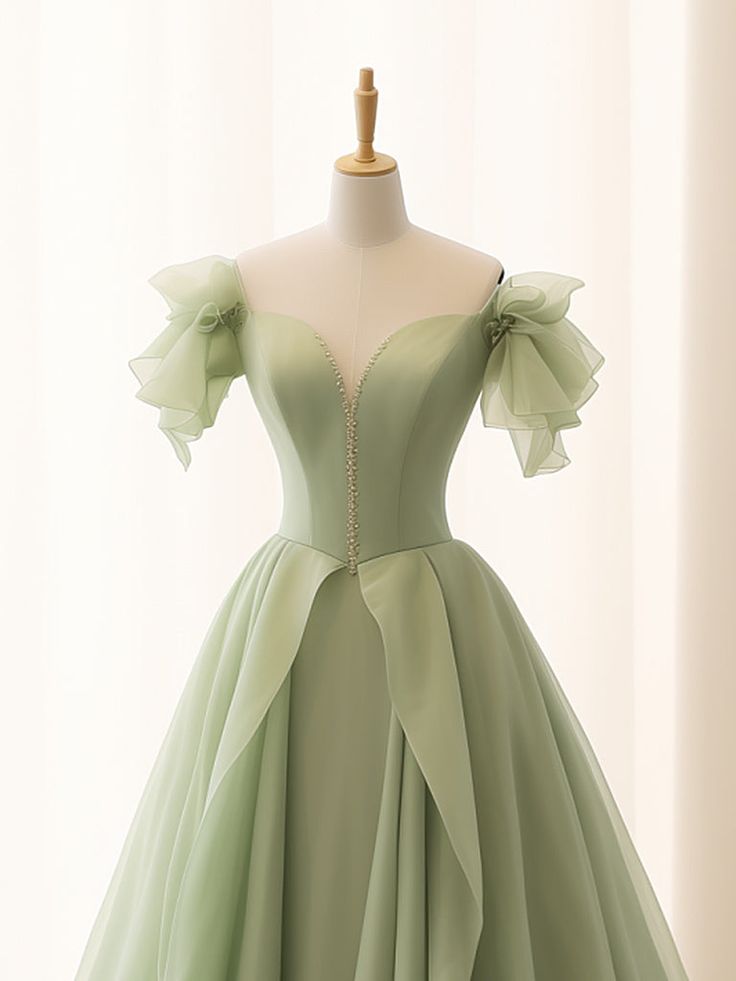 A-Line Green Tulle Long Prom Dress, Green Tulle Long Formal Dress fg4914