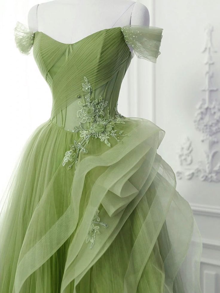 Green A-Line Off Shoulder Long Prom Dress, Green Lace Long Evening Dress fg4922