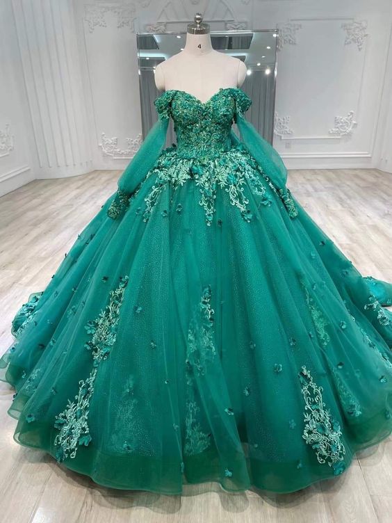 Princess Green Appliques Ball Gown Quinceanera Dress Sweetheart Off Shoulder Party Sweet 15 Party Dress fg4538