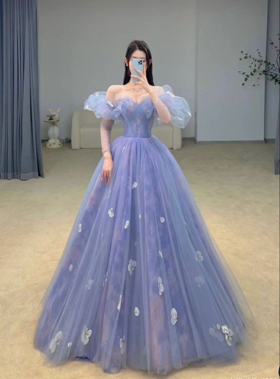 A-line Floor-length Sleeveless Appliques Long Tulle Off The Shoulder Prom Dress fg5001