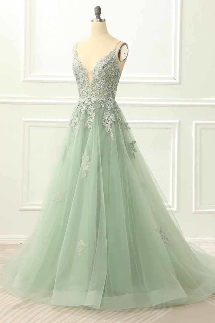 Spaghetti Straps Tulle Green Prom Dress with Appliques fg4657