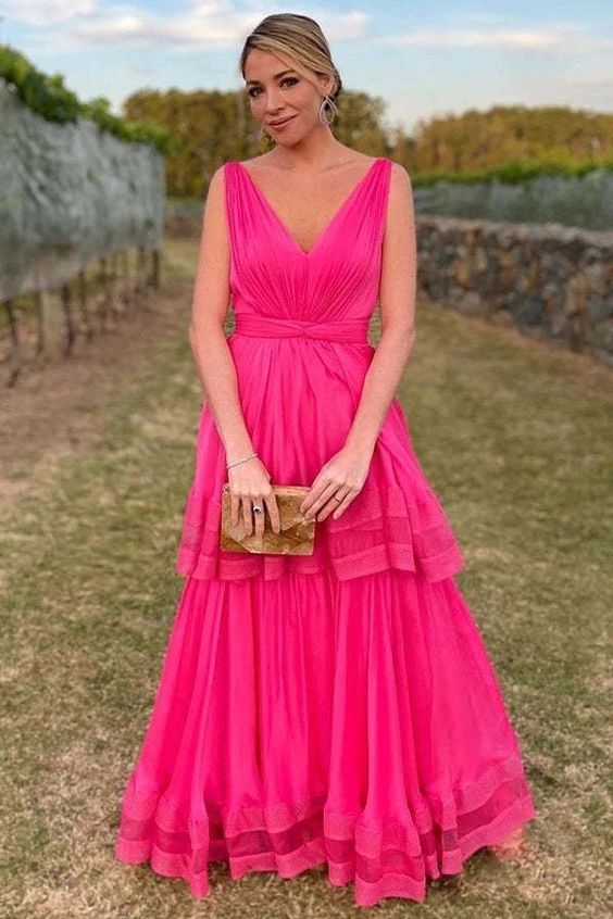Hot Pink V-Neck A-Line Chiffon Two Layers Evening Dresses Long Prom Dresses fg4733