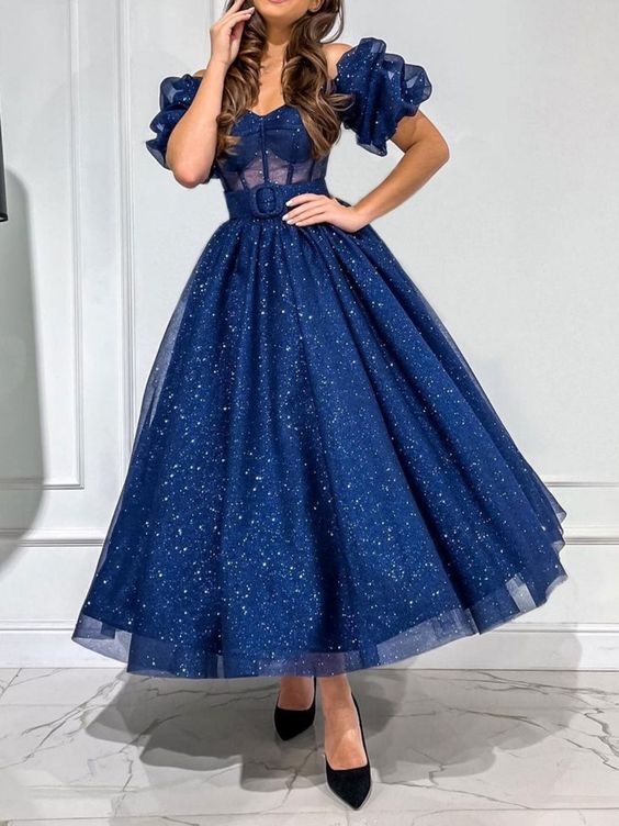 Dark blue tulle tea length prom dress, blue formal dress fg5194