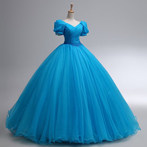 Beautiful Blue Rhinestone Floor Length Prom Dress, A-Line Short Sleeve Evening Dress fg4884