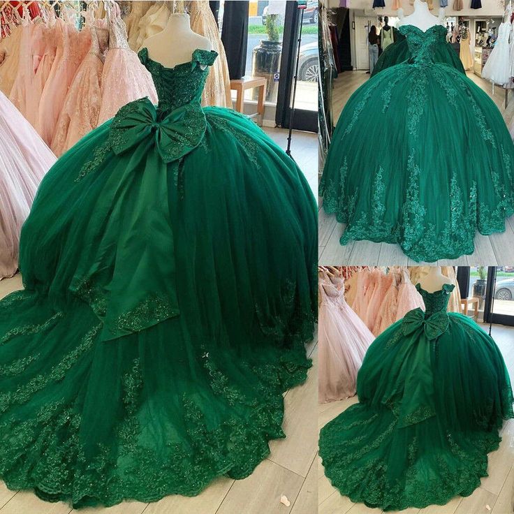 Off Shoulder Lace 2024 Quinceanera Dresses Dark Green Applique Sweet 16 Dress fg4889