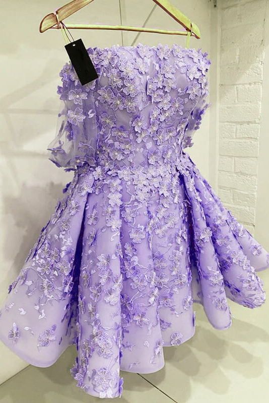 3D Lace Fowers Lavender Mini Homecoming Dresses, Strapless Sweet 16 Dresses fg5344