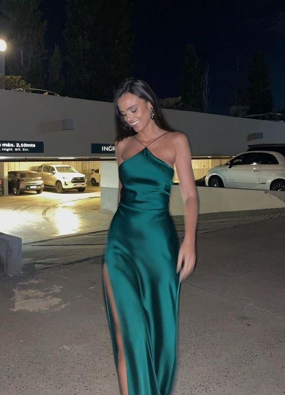 Dark Green Satin Long Evening Dresses Side Slit Prom Party Formal Party Gown fg4396