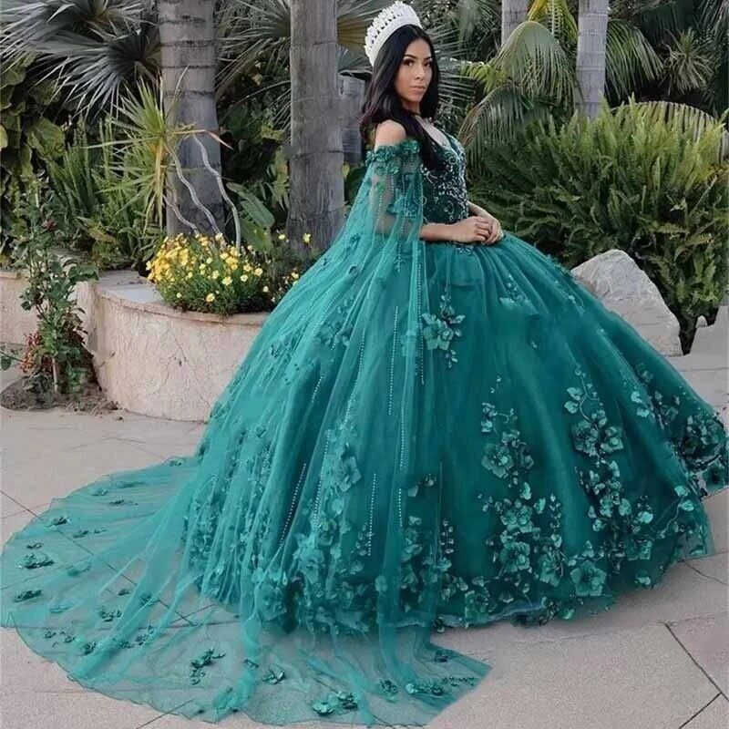 Emerald Green Ball Gown Quinceanera Dresses With Cape Appliques Beads Sweet16 Dress fg1462