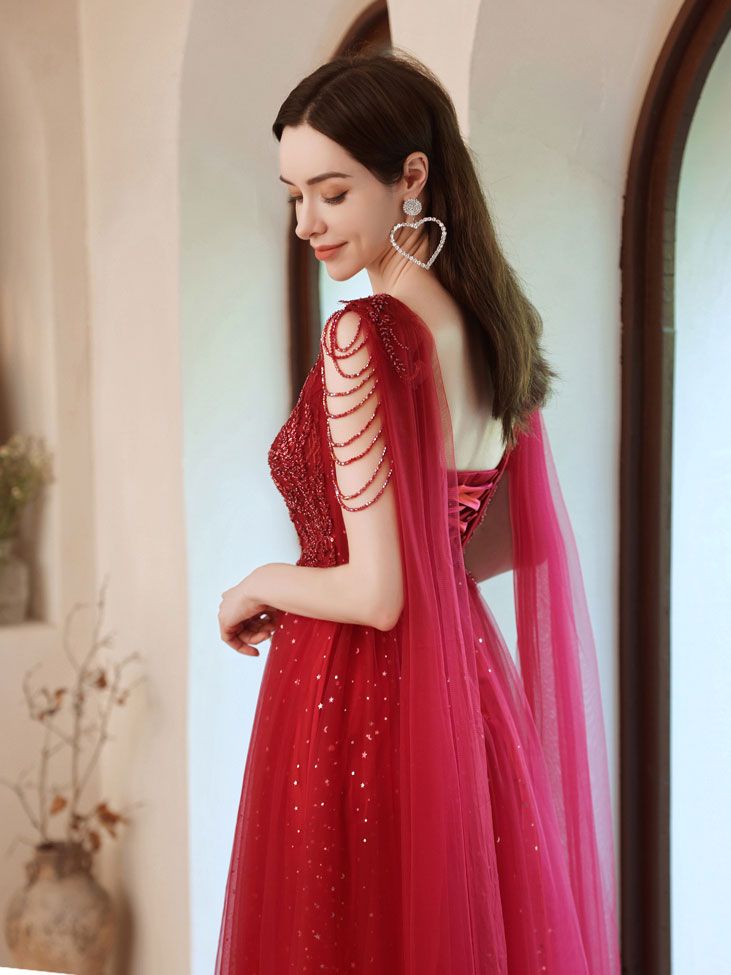 V Neck Tulle Lace Beads Long Prom Dress, Evening Dress fg5210