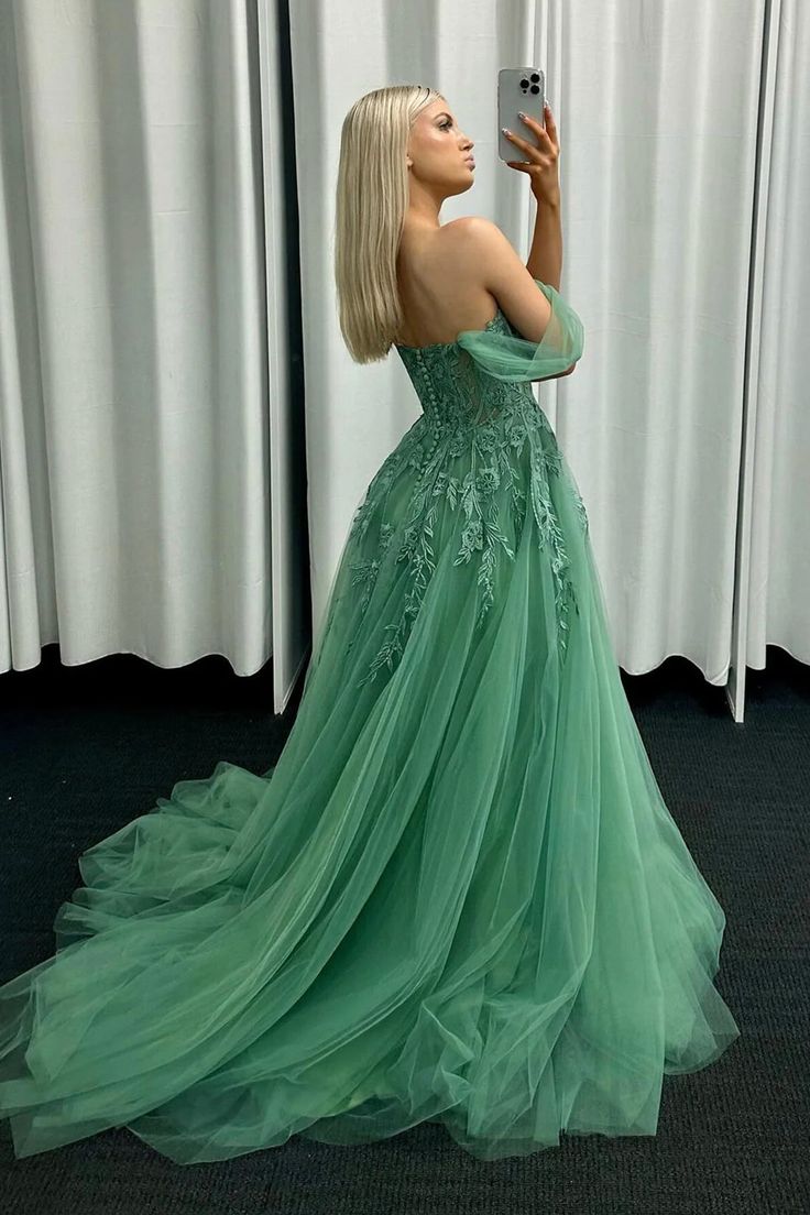 A-Line Tulle Lace Long Prom Dress, Green Off the Shoulder Evening Party Dress fg5008