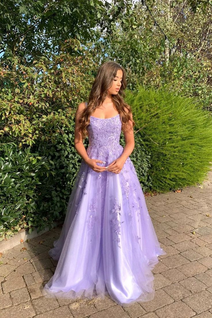 Lavender Lace Appliques A-line Long Prom Dress fg4795