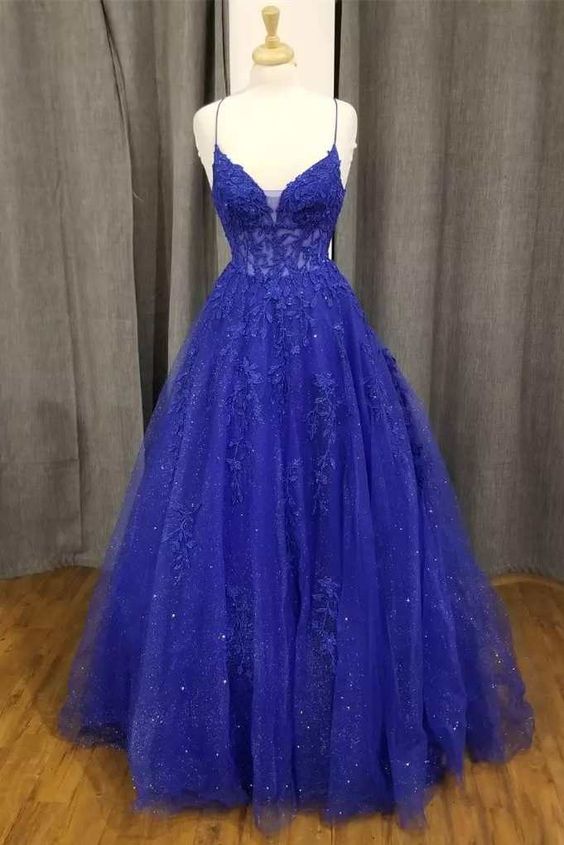Royal Blue Floral Appliques V-Neck A-Line Formal Gown fg4714