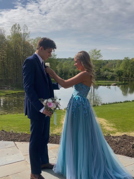 A Line Blue Long Prom Dress, Elegant Evening Gown fg4519