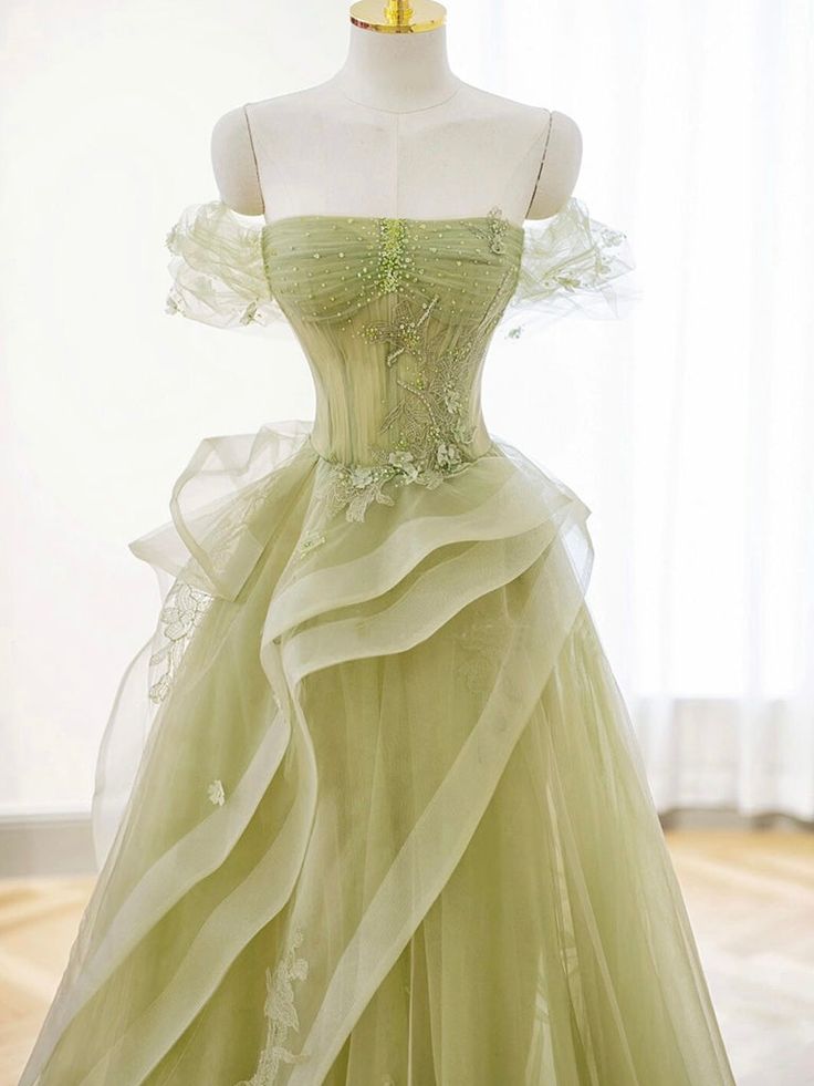 A-Line Off Shoulder Tulle Lace Green Long Prom Dress, Green Lace Long Formal Dress fg4818