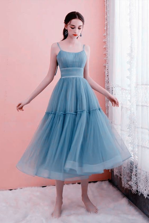 Blue A-line Tulle Midi Bridesmaid Dress fg4460