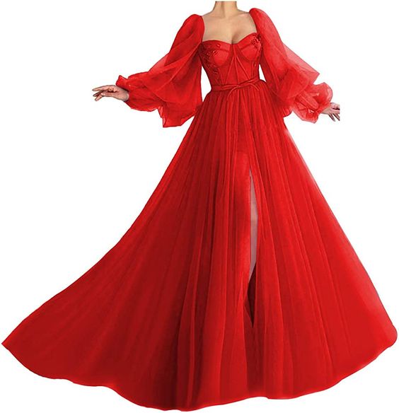 Puffy Sleeve Prom Dress Sweetheart Tulle Ball Gown Slit Formal Evening Gowns fg4512