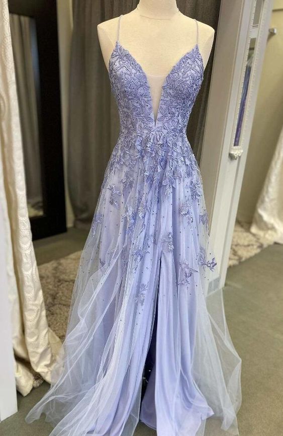 A-line Floral Lace V Neck Prom Dress With Slit fg4824