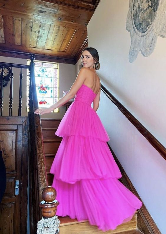 Strapless Tulle Fuchsia Prom Gown with Layers Skirt fg4557