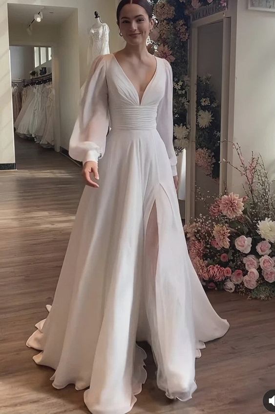 V Neck A Line Long Sleeve Chiffon Wedding Dress With Slit fg5041