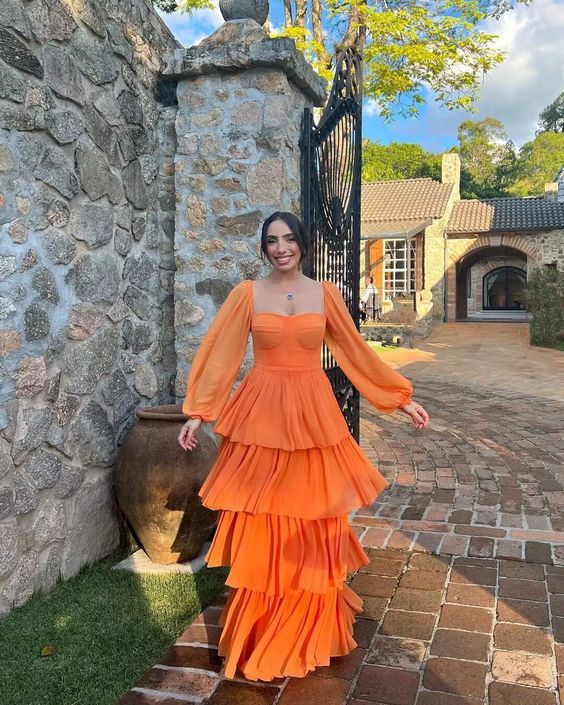 Orange Long Sleeves Ruffle A-line Long Floor Length Prom Dress fg5049