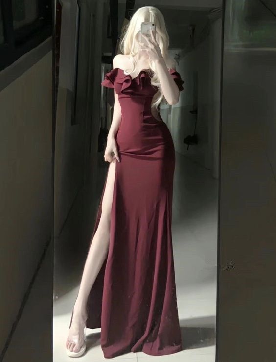 Modest Mermaid Burgundy Slit Prom Dresses Birthday Outfits fg4943