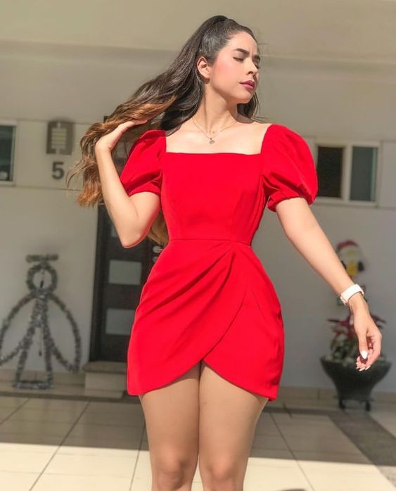 Red Homecoming Dress with Puff Sleeves,Red Party Dress fg4751