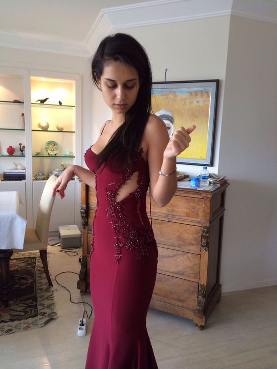 Mermaid Burgundy Spaghetti Straps Beaded Long Evening Prom Dresses, Sweetheart Prom Dress fg4862