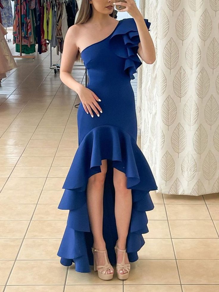 Royal blue satin one shoulder long prom dress blue cocktail dress fg4684