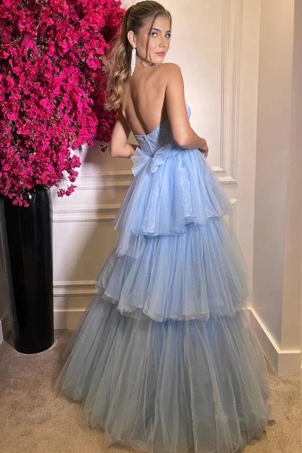 A-line Beautiful Blue Tiered Tulle Sweetheart Floor Length Prom Dresses fg4589