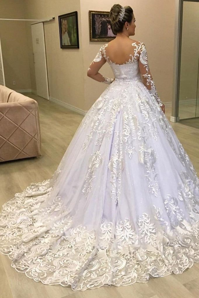 Princess Lace Appliques Ball Gown Long Sleeves Wedding Dresses fg4672