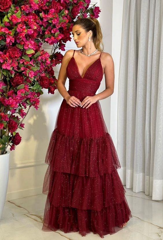 Burgundy Long Prom Dress Tulle Evening Dress fg4907