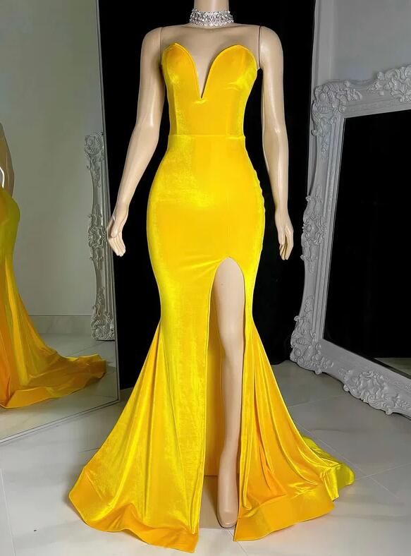 Mermaid V-neck Velvet Prom Dresses With Split fg5125