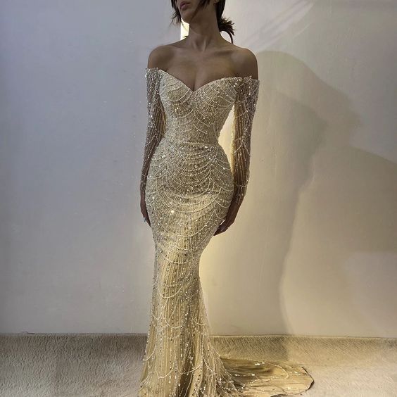 Luxury Dubai Evening Birthday Dress 2024 Beads Sequins Off-The-Shoulder Long Sleeves Mermaid Sweep Train Formal Prom Gowns fg4572