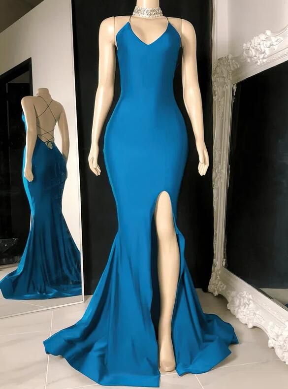 Sexy V-neck Blue Prom Dresses With Split fg5127