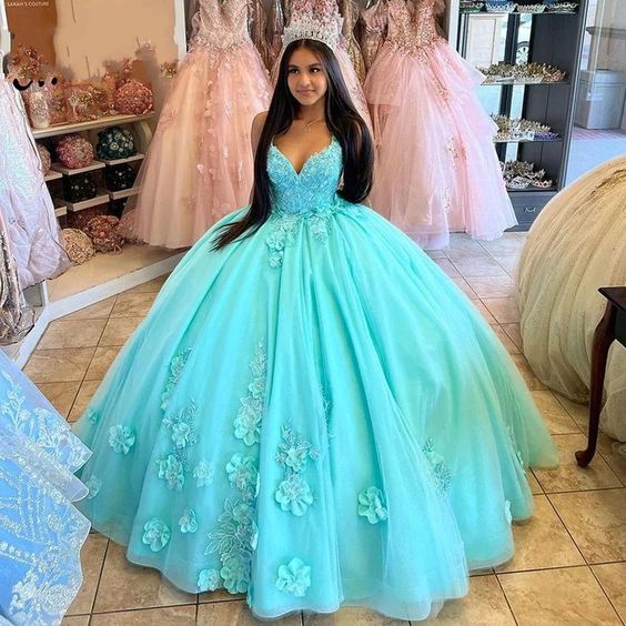 Strap Quinceanera Dresses V-Neck 3D Flower 15th Party Dress Birthday Ball Gowns fg4651