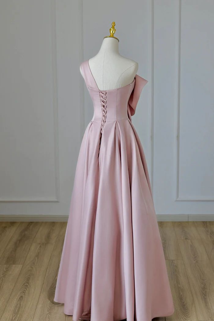 Pink Satin Bow Gown Long Formal Dress fg4858