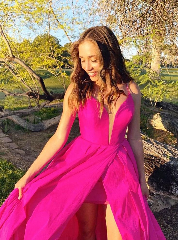 Chic Fuchsia A-line Spaghetti Straps Long Prom Dresses fg4773