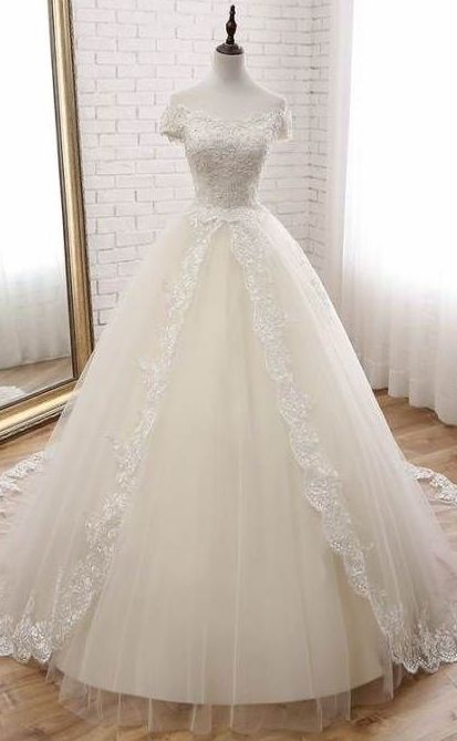 A Line Lace Wedding Dresses Lace Poofy Evening Dress fg4878