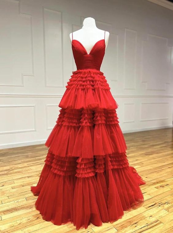 Straps V Neck Red Layered Tulle Long Prom Dresses fg5135