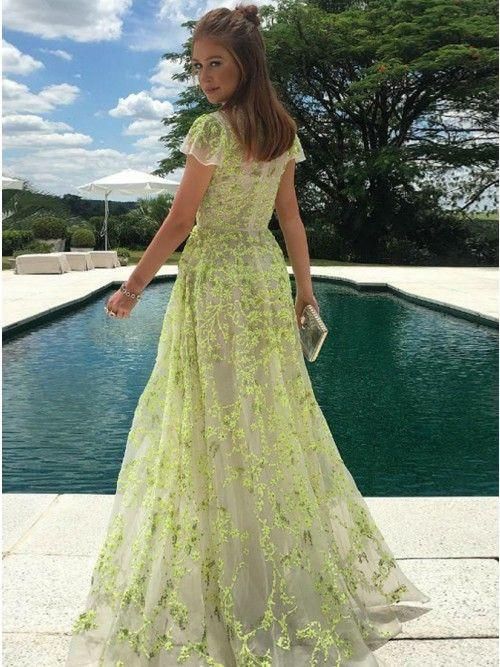 A-Line Lace Cap Sleeves Tulle Long Prom Dress with Appliques fg4762